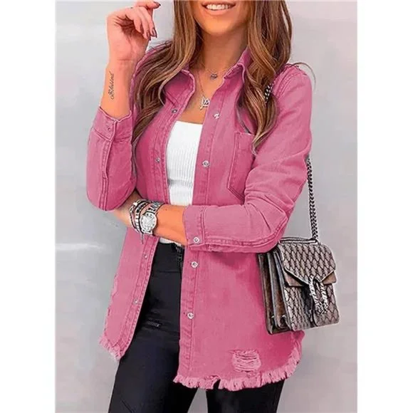 WOMEN'S Oversized Denim Jacket Casual Long A1 Rose